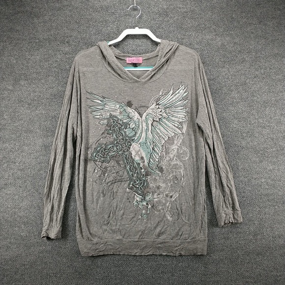 Sugar High Women's Wings Cross Pullover Graphic Hoodie Gray 2X Lightweight - Picture 2 of 16